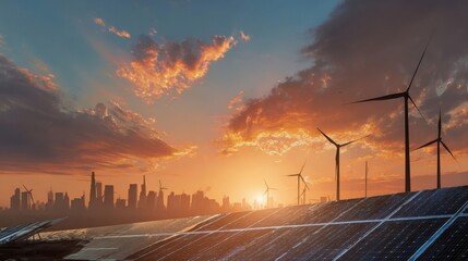 clean energy city skyline sunset