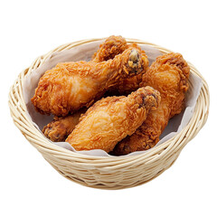 Crispy golden fried chicken drumsticks in a woven basket Isolated transparent on white background
