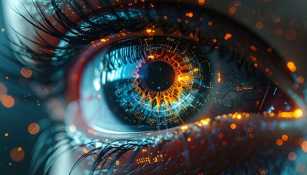 Macro view of an eye, blending human anatomy with digital circuits, glowing in orange and blue hues. Detailed iris, lashes, and surrounding skin