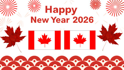 Fototapeta premium A festive canada new year image featuring flags, maple leaves, and celebratory red decorations all around