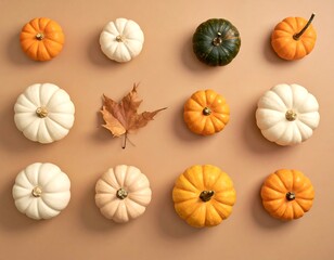 Autumnal Arrangement - Pumpkins and Maple Leaf on Beige Background.