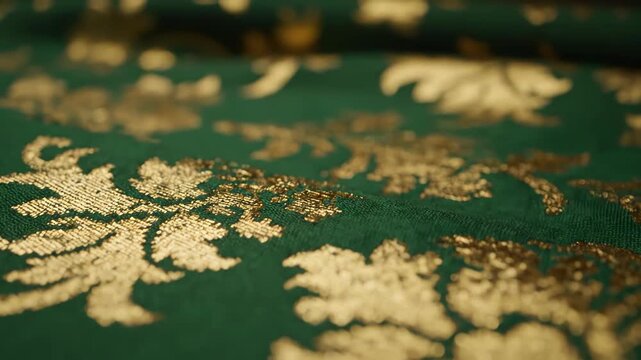 Close up of dark green fabric with gold floral pattern texture detail luxurious decorative textile background