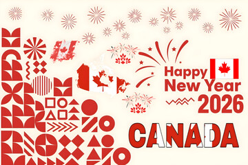 Fototapeta premium A canada new year graphic with geometric shapes, flags, and fireworks wishing happy new year for 2026