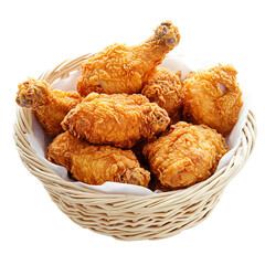 Crispy golden fried chicken drumsticks in a woven basket Isolated transparent on white background