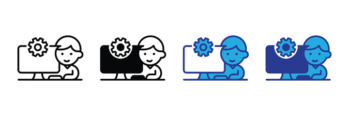 Person working on computer with gear icon, representing technology and settings, isolated on white background