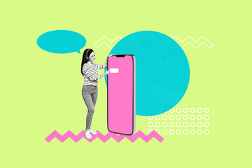 Banner image pop artwork 3d photo collage of happy girl stand bubble communication speech icon dialogue phone messenger chat
