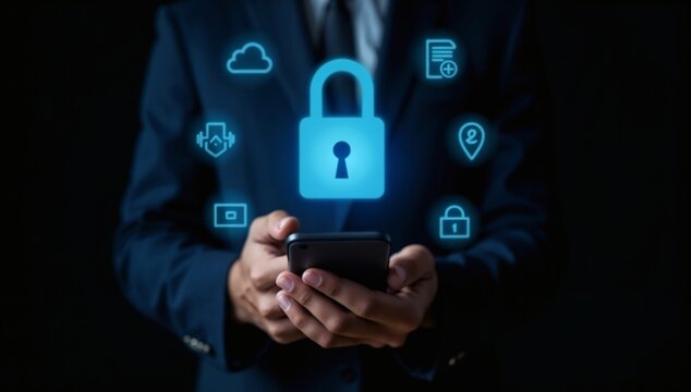 A man using a secure application on his mobile phone, surrounded by cyber security icons.