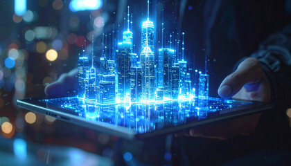 Digital Cityscape: A person delicately holds a digital model of a cityscape, glowing with futuristic, interconnected lines. It embodies the concept of modern technology and urban design.