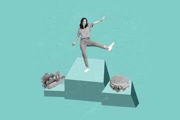 Poster graphics collage of person stand dance on first place podium with junk food products over green background