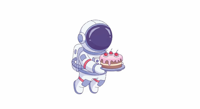 A cartoon astronaut in a white and red spacesuit holds a chocolate cake with lit candles on a plate against a plain white background with a playful and celebratory mood.