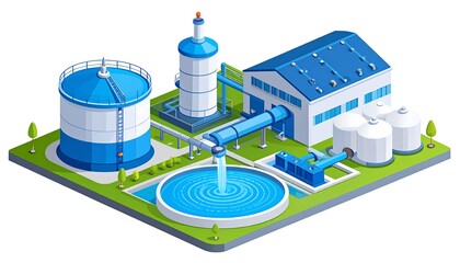 Isometric diagram depicting a water treatment facility. Includes storage tanks, processing buildings, and settling pools, all on a green, grassy platform