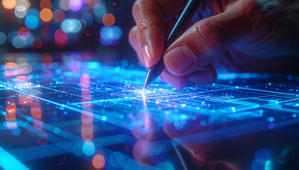 Digital Touch: A person's hand meticulously guides a digital pen, leaving trails of luminous data as the user interacts with an immersive display.