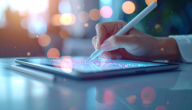 Digital artistry in action: A hand delicately holds a stylus, bringing digital creations to life on a sleek tablet, showcasing the fusion of technology and artistic expression.