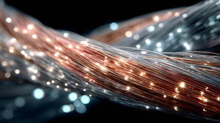 Glowing optical fibers represent digital communication and data transfer in modern networks. Hyperrealistic 3D rendering illustrating high-speed connectivity, technology, and innovation in a futuristi