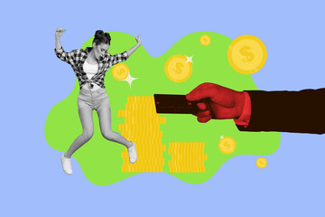 Collage of person hand with credit card and money symbols representing online shopping finance freedom payment