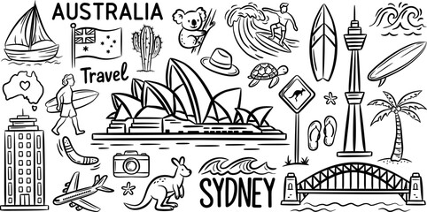 Naklejka premium Sydney doodles elements. Australia hand drawn set: bridge, palm, opera house, tower, kangaroo, koala, surfing, flag, road sign, airplane, wave, cactus . Isolated black sketch collection.