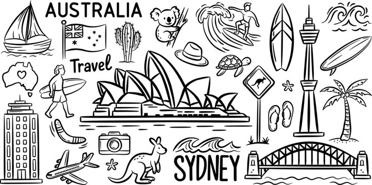 Sydney doodles elements. Australia hand drawn set: bridge, palm, opera house, tower, kangaroo, koala, surfing, flag, road sign, airplane, wave, cactus . Isolated black sketch collection.