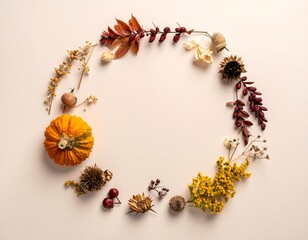 Autumnal Wreath with Pumpkin and Dried Botanicals on Beige Background.