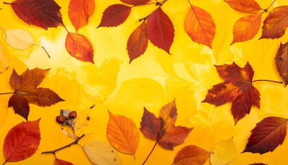 Obraz premium Autumn Leaves on Yellow Background - A Vibrant Fall Display.