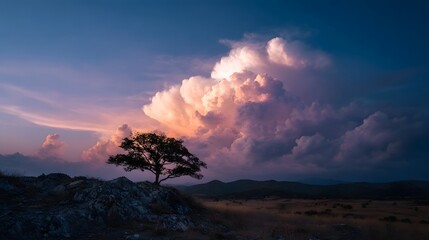 A solitary tree stands on a rocky outcrop silhouetted against a dramatic sky filled with illuminated clouds during twilight