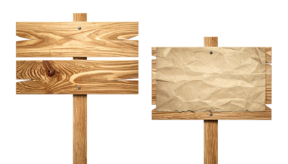  Blank White Paper on Wooden Signpost Variations, isolated on transparent background