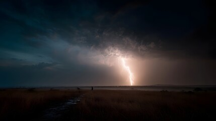 Fototapeta premium A powerful lightning bolt strikes a stormy sky over a vast dry grassland illuminating a lone figure walking on a wet path