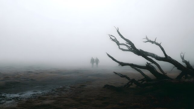 Two figures walk through a foggy desolate landscape with a prominent dead tree in the foreground