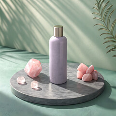 Minimalist beauty product bottle with soft pink petals and natural light casting shadows illustration