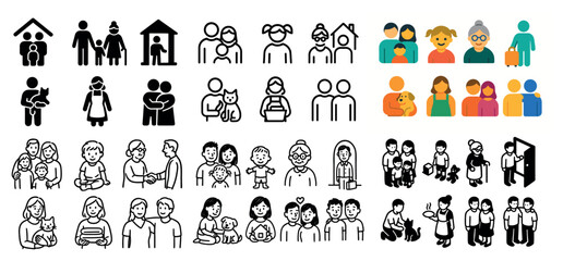 Diverse family icon set illustrating various relationships