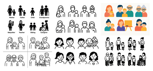 Diverse family illustrations and icons set