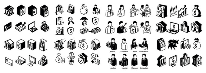 Banking and finance icon set with diverse figures