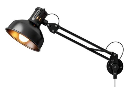 Black adjustable desk lamp with a retro design illuminates a workspace with warm light and industrial style on transparent background