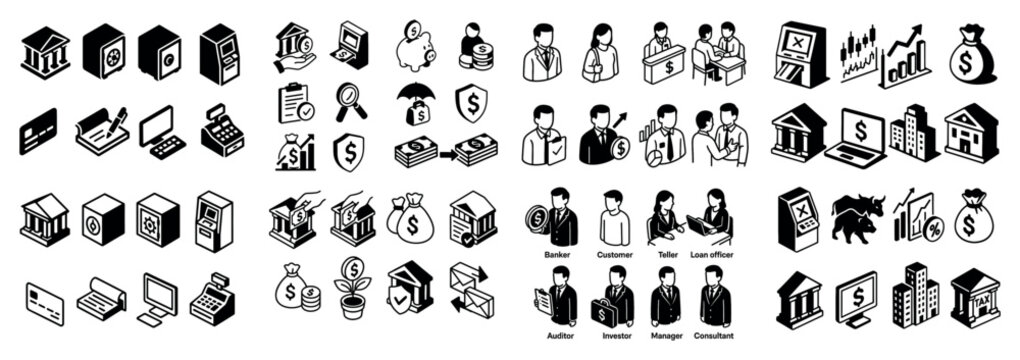 Banking and finance icon set with diverse figures