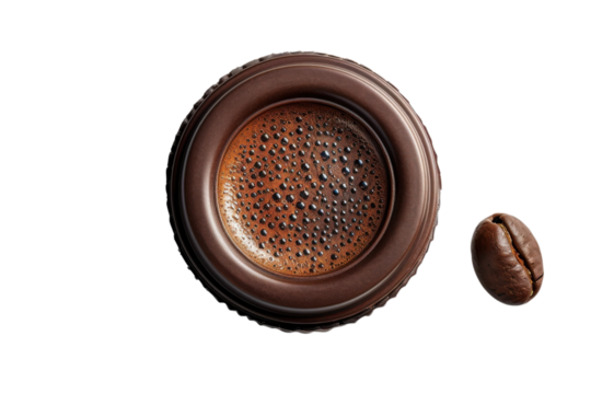 Top view of rich dark coffee in a chocolate cup with a single roasted coffee bean aside on transparent background
