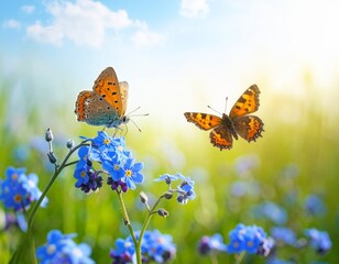 Butterflies and blue flowers in lush green meadow on sunny day