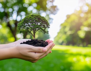 Earth Day In the hands of trees growing seedlings Bokeh green Background Female hand holding tree on nature field grass Forest conservation concept