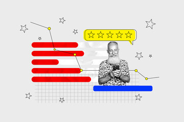 Full image pop contemporary photo collage of happy old man surf phone graph development star reputation aim achievement bubble