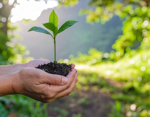 Earth Day In the hands of trees growing seedlings Bokeh green Background Female hand holding tree on nature field grass Forest conservation concept