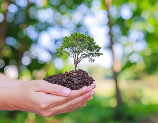 Earth Day In the hands of trees growing seedlings Bokeh green Background Female hand holding tree on nature field grass Forest conservation concept