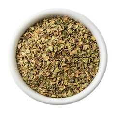 Dried chopped basil in white ceramic bowl Isolated transparent on white background