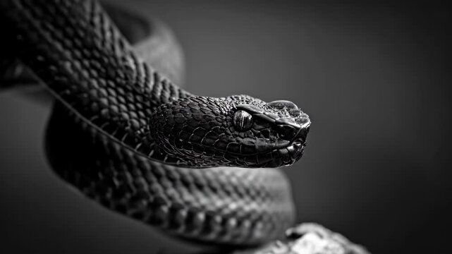 Close-up of a black snake, its scales and eyes visible, in a dark, moody setting, evoking mystery and danger.