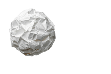 Crumpled white paper ball against a showcases texture and potential for creative concepts on transparent background