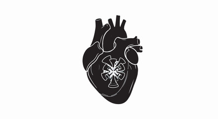 Striking black and white illustration of a human heart with intricate internal detail