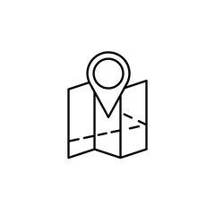 Map with a mark: A clean line icon showing a map with a location pin, representing navigation, travel routes, or destination finding in transport and journey themes.