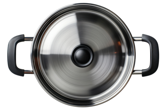 Stainless steel pot with lid and black handles offers a clean and modern kitchenware aesthetic on transparent background