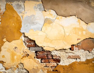 Close-up of aged wall texture, revealing layers of crumbling paint and exposed brick. Evokes time's passage and architectural decay