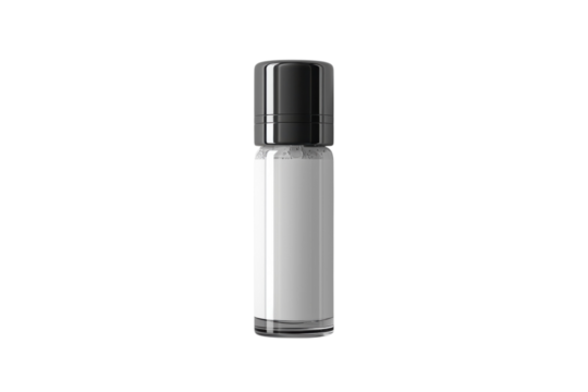 Sleek rollon bottle with a black cap and blank label for essential oils or perfume on transparent background
