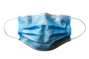 Blue surgical face mask with white ear loops for health and safety needs on transparent background