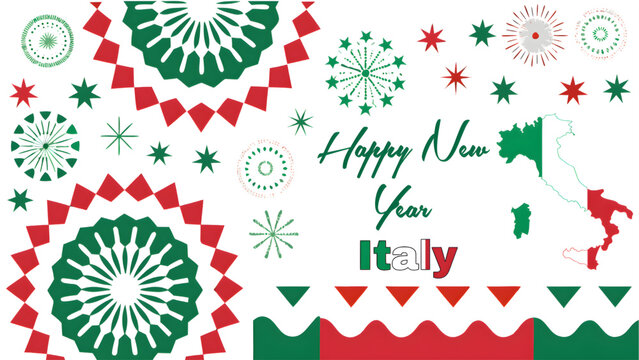 Happy new year italy themed design with snowflakes, stars, italy map and geometric patterns