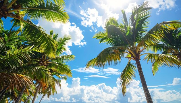 Lush, vibrant palm trees reach towards a bright blue sky filled with fluffy white clouds under a radiant sun. A tropical paradise